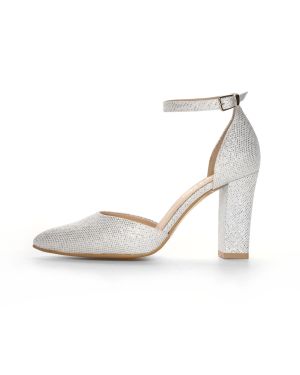 Srebrne brokatowe czółenka z paskiem na kostkę