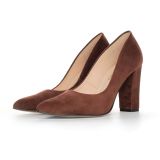 Klasyczne zamszowe czółenka na słupku w kolorze czekoladowego brązu